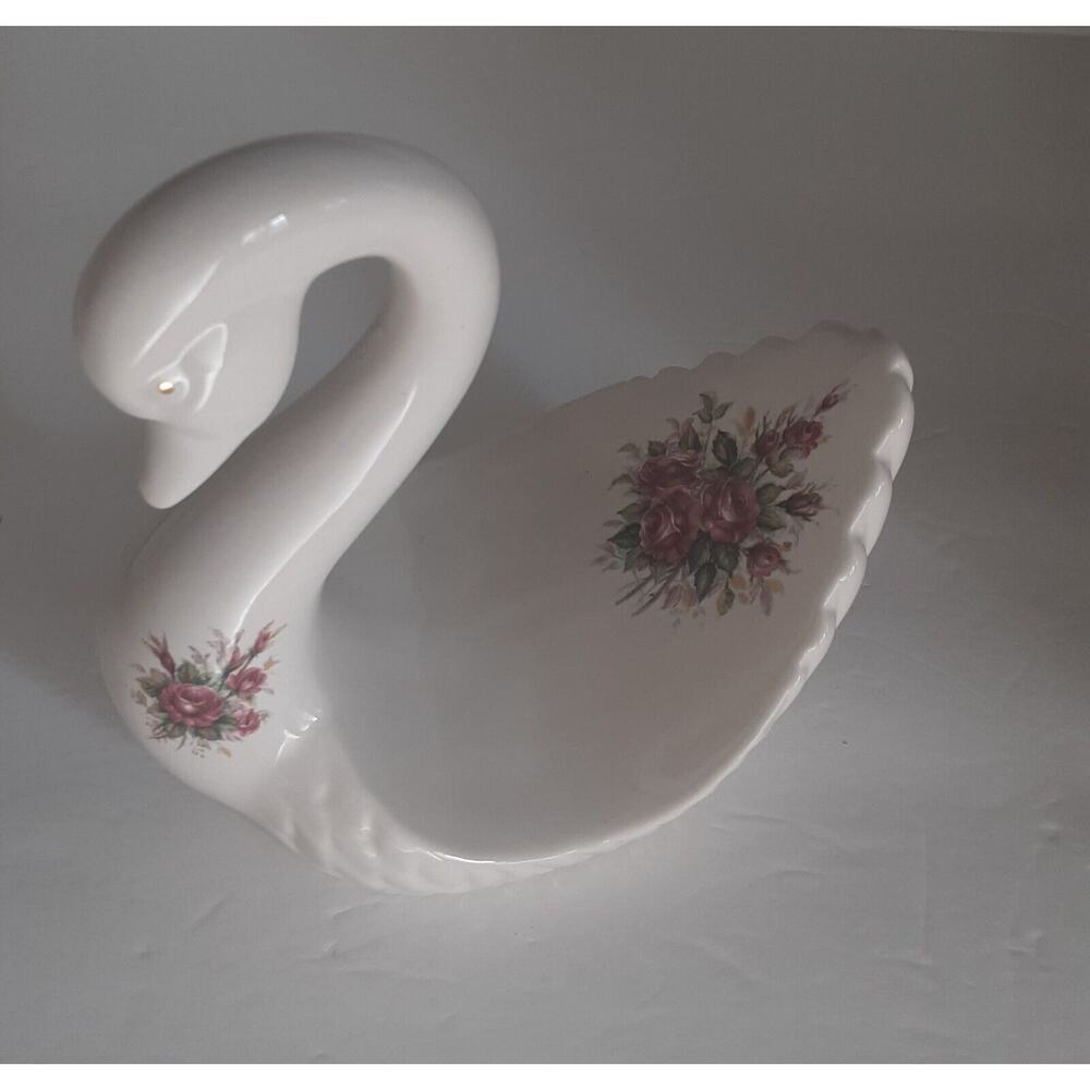 Vintage Athena Porcelain Swan Rose Spray Figurine U.S.A.